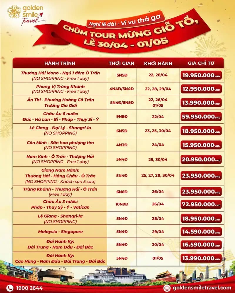 SÔI ĐỘNG CHÙM TOUR GIỖ TỔ, LỄ 30/4 - 01/05: CƠ HỘI DU LỊCH HẤP DẪN VỚI NHIỀU ƯU ĐÃI ĐẶC BIỆT
